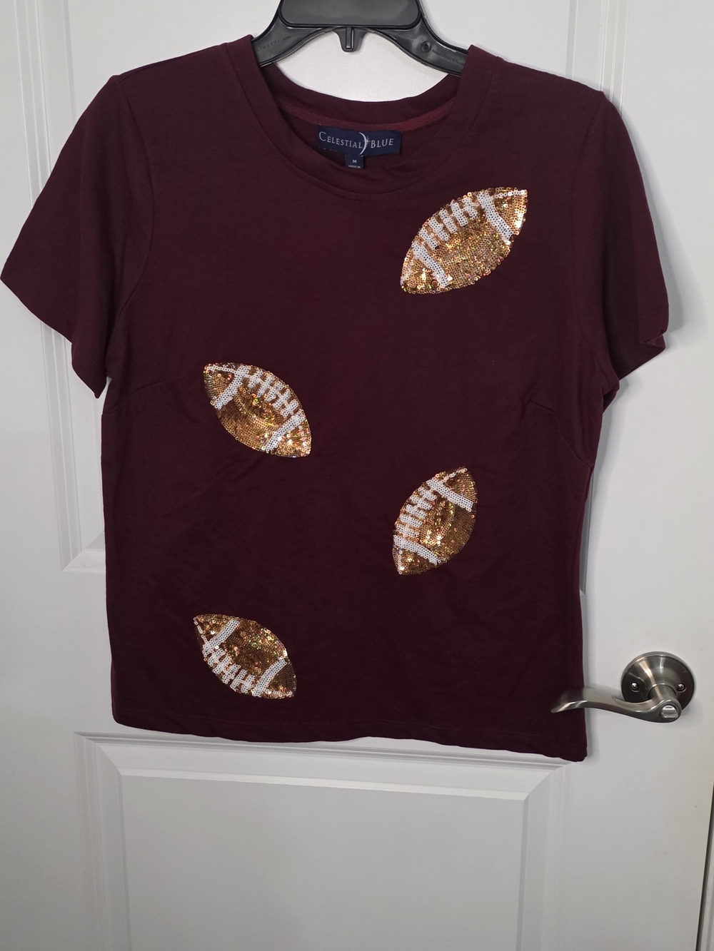 Women's Burgundy Sequin Football Tee